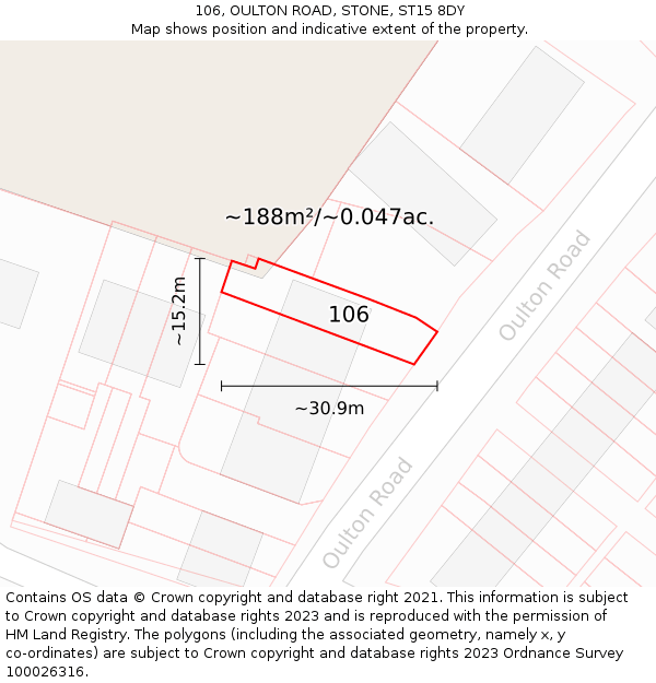 106, OULTON ROAD, STONE, ST15 8DY: Plot and title map