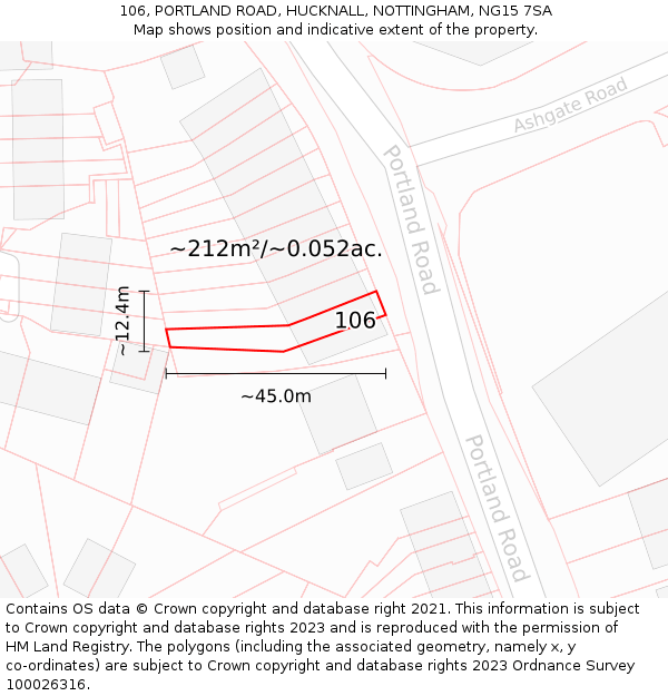 106, PORTLAND ROAD, HUCKNALL, NOTTINGHAM, NG15 7SA: Plot and title map