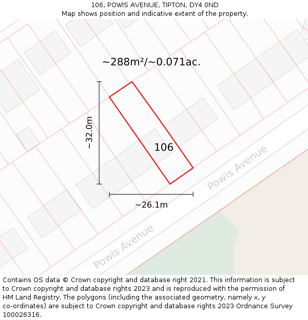 106, POWIS AVENUE, TIPTON, DY4 0ND: Plot and title map