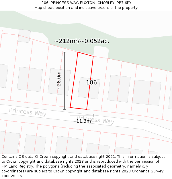 106, PRINCESS WAY, EUXTON, CHORLEY, PR7 6PY: Plot and title map