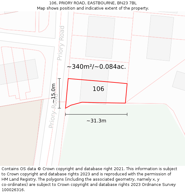 106, PRIORY ROAD, EASTBOURNE, BN23 7BL: Plot and title map