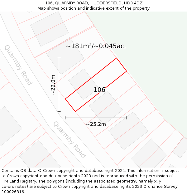 106, QUARMBY ROAD, HUDDERSFIELD, HD3 4DZ: Plot and title map