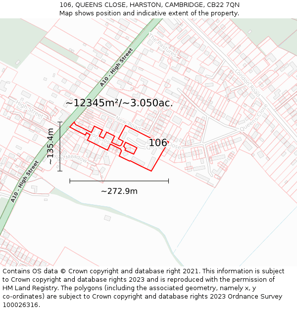 106, QUEENS CLOSE, HARSTON, CAMBRIDGE, CB22 7QN: Plot and title map