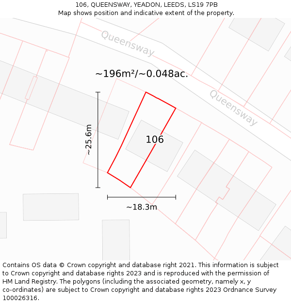 106, QUEENSWAY, YEADON, LEEDS, LS19 7PB: Plot and title map