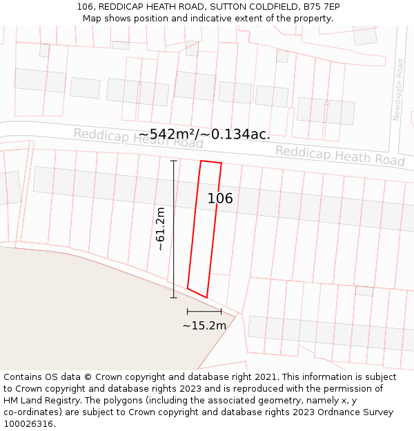 106, REDDICAP HEATH ROAD, SUTTON COLDFIELD, B75 7EP: Plot and title map
