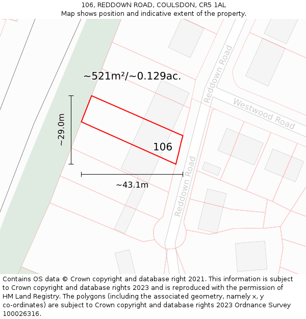 106, REDDOWN ROAD, COULSDON, CR5 1AL: Plot and title map