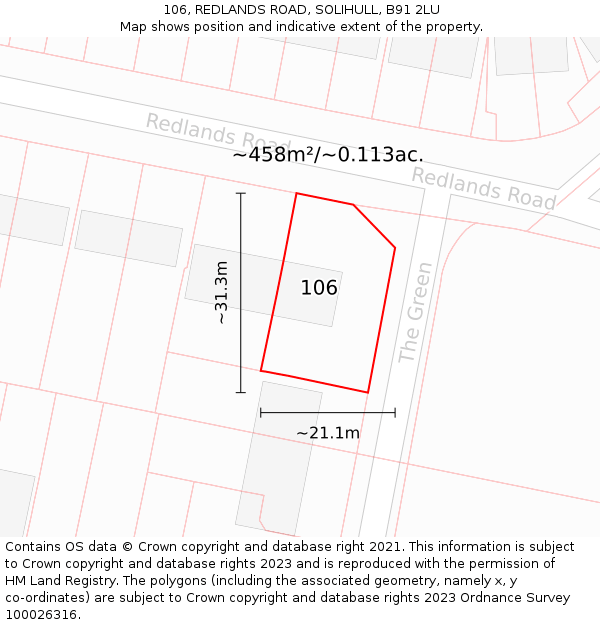 106, REDLANDS ROAD, SOLIHULL, B91 2LU: Plot and title map