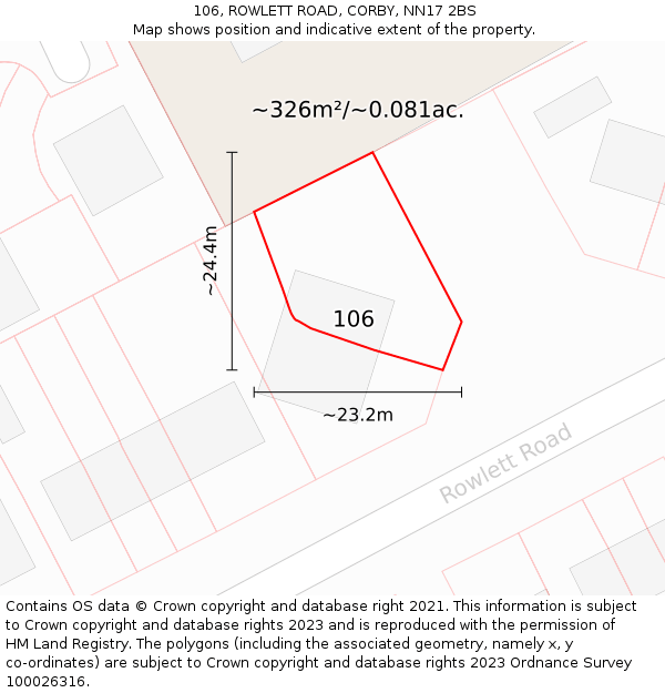 106, ROWLETT ROAD, CORBY, NN17 2BS: Plot and title map