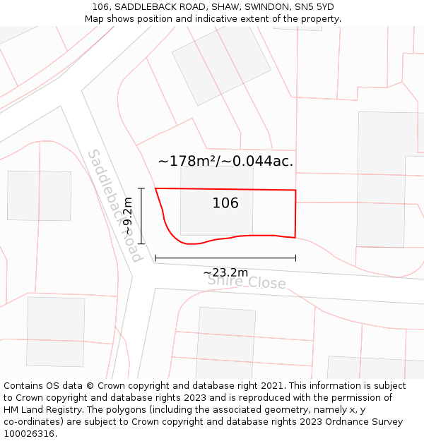 106, SADDLEBACK ROAD, SHAW, SWINDON, SN5 5YD: Plot and title map