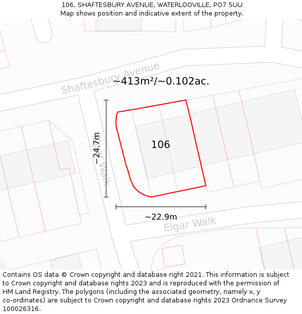 106, SHAFTESBURY AVENUE, WATERLOOVILLE, PO7 5UU: Plot and title map