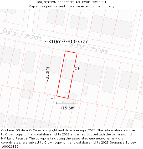 106, STATION CRESCENT, ASHFORD, TW15 3HL: Plot and title map