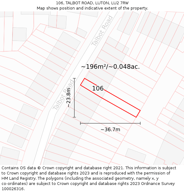 106, TALBOT ROAD, LUTON, LU2 7RW: Plot and title map