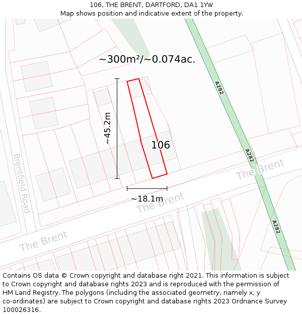 106, THE BRENT, DARTFORD, DA1 1YW: Plot and title map