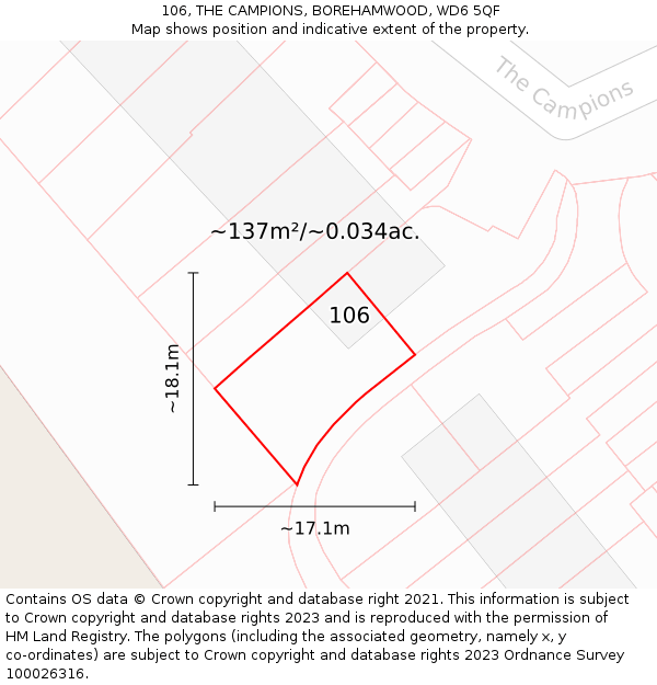 106, THE CAMPIONS, BOREHAMWOOD, WD6 5QF: Plot and title map