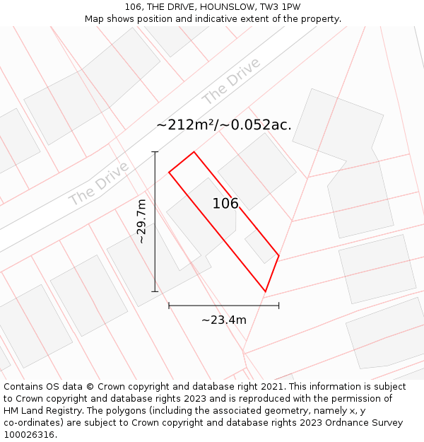 106, THE DRIVE, HOUNSLOW, TW3 1PW: Plot and title map