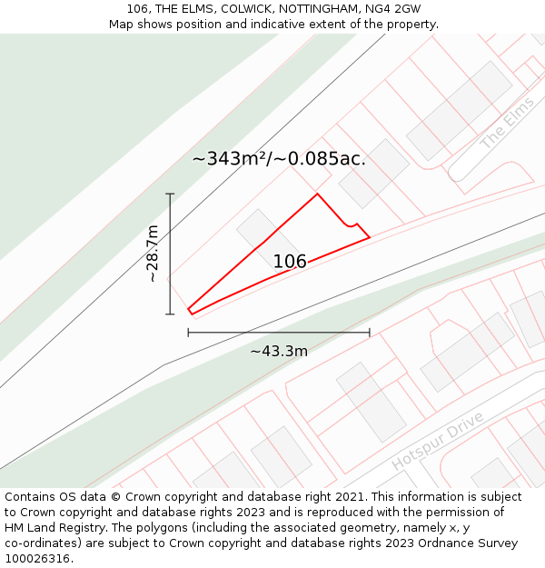 106, THE ELMS, COLWICK, NOTTINGHAM, NG4 2GW: Plot and title map