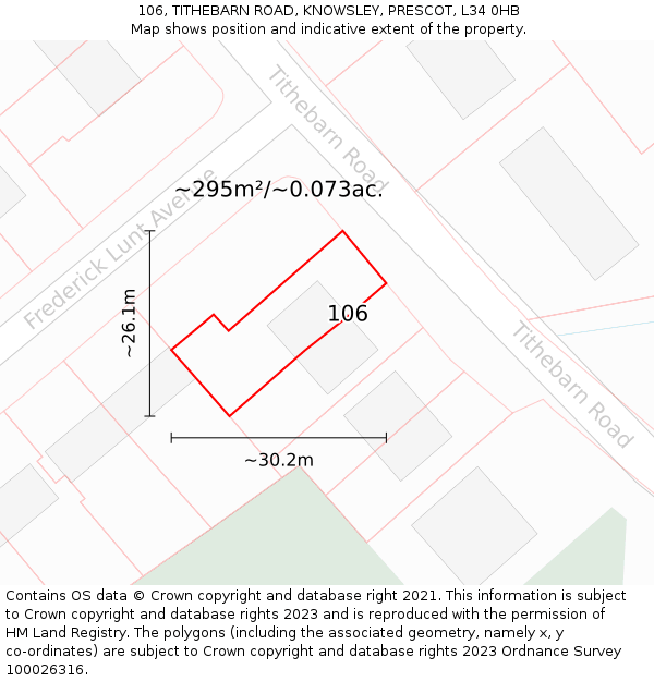 106, TITHEBARN ROAD, KNOWSLEY, PRESCOT, L34 0HB: Plot and title map