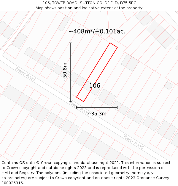 106, TOWER ROAD, SUTTON COLDFIELD, B75 5EG: Plot and title map