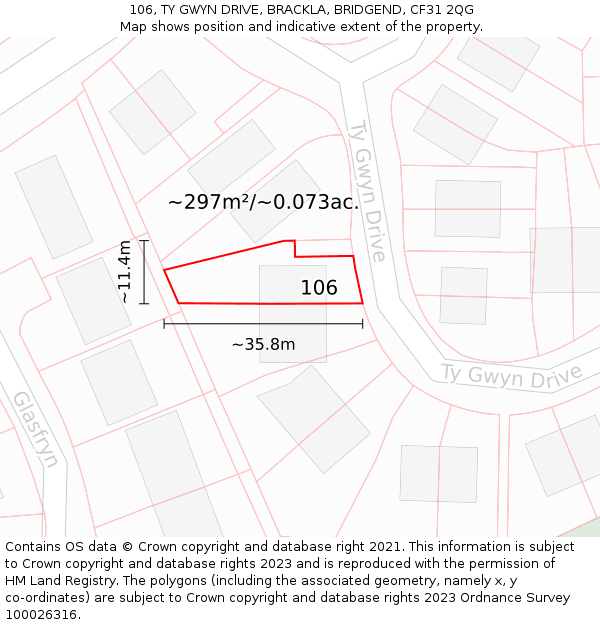 106, TY GWYN DRIVE, BRACKLA, BRIDGEND, CF31 2QG: Plot and title map