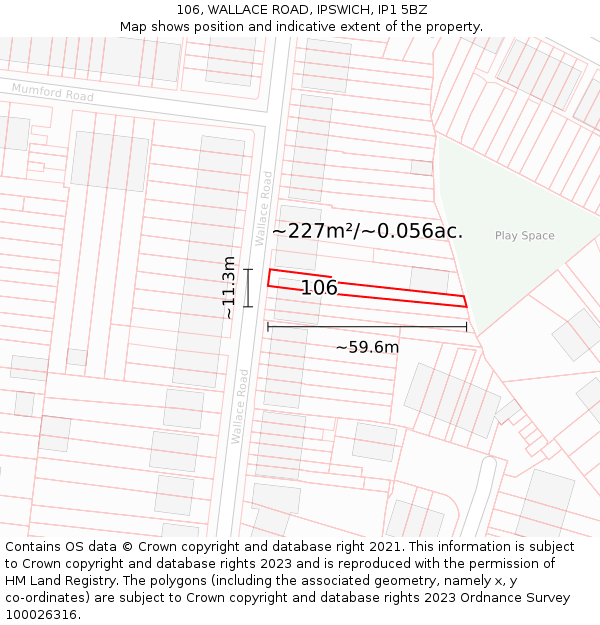 106, WALLACE ROAD, IPSWICH, IP1 5BZ: Plot and title map
