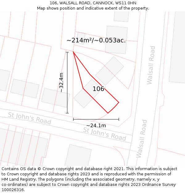 106, WALSALL ROAD, CANNOCK, WS11 0HN: Plot and title map