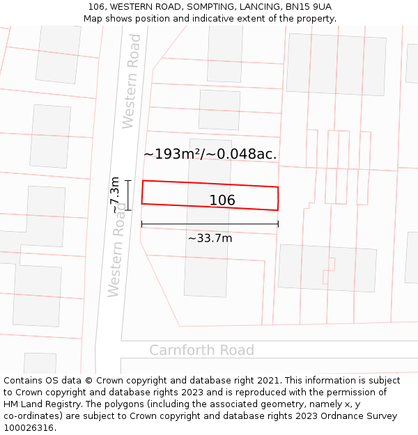 106, WESTERN ROAD, SOMPTING, LANCING, BN15 9UA: Plot and title map