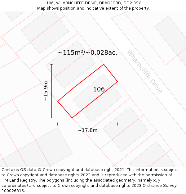 106, WHARNCLIFFE DRIVE, BRADFORD, BD2 3SY: Plot and title map