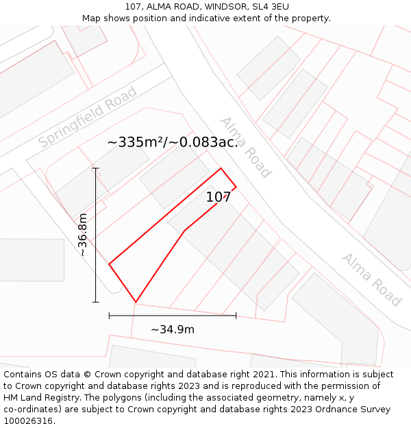 107, ALMA ROAD, WINDSOR, SL4 3EU: Plot and title map