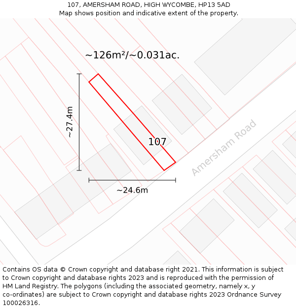 107, AMERSHAM ROAD, HIGH WYCOMBE, HP13 5AD: Plot and title map