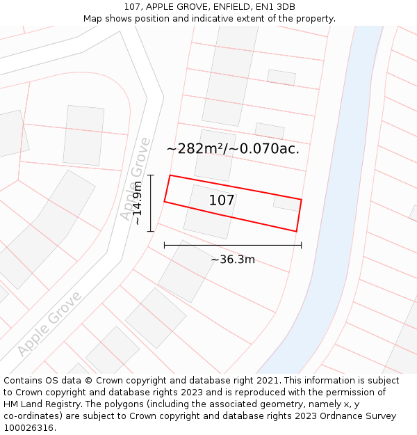 107, APPLE GROVE, ENFIELD, EN1 3DB: Plot and title map