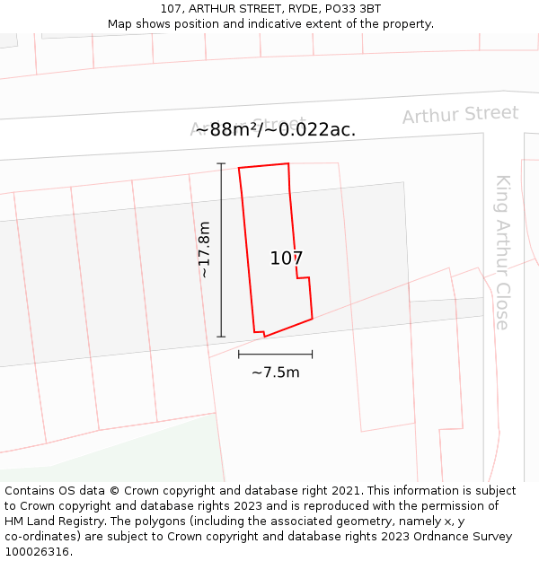 107, ARTHUR STREET, RYDE, PO33 3BT: Plot and title map