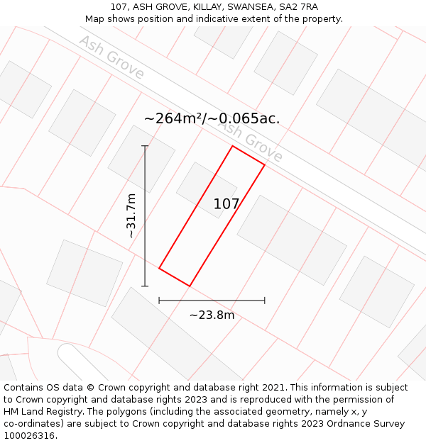 107, ASH GROVE, KILLAY, SWANSEA, SA2 7RA: Plot and title map