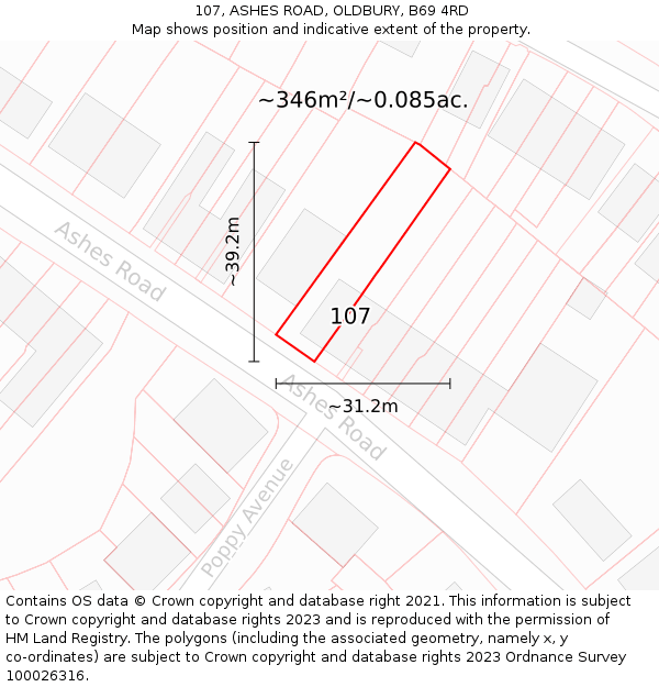 107, ASHES ROAD, OLDBURY, B69 4RD: Plot and title map