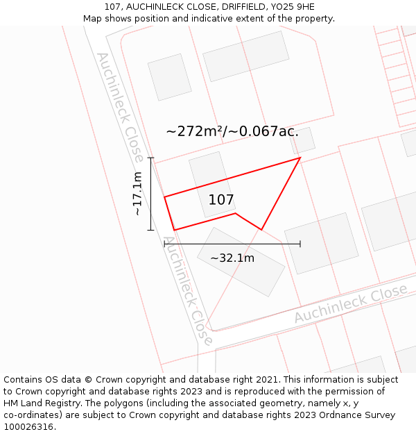107, AUCHINLECK CLOSE, DRIFFIELD, YO25 9HE: Plot and title map