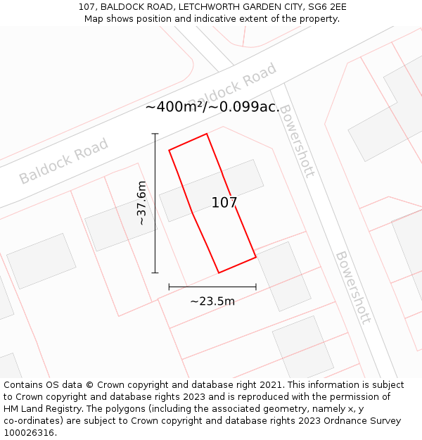 107, BALDOCK ROAD, LETCHWORTH GARDEN CITY, SG6 2EE: Plot and title map