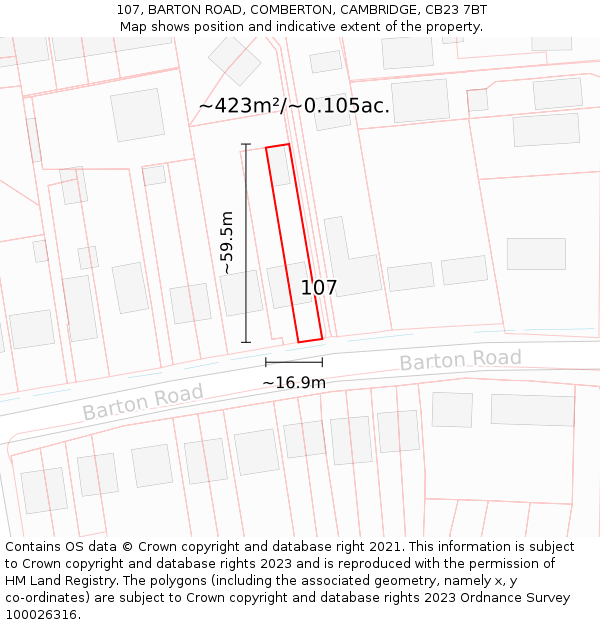 107, BARTON ROAD, COMBERTON, CAMBRIDGE, CB23 7BT: Plot and title map