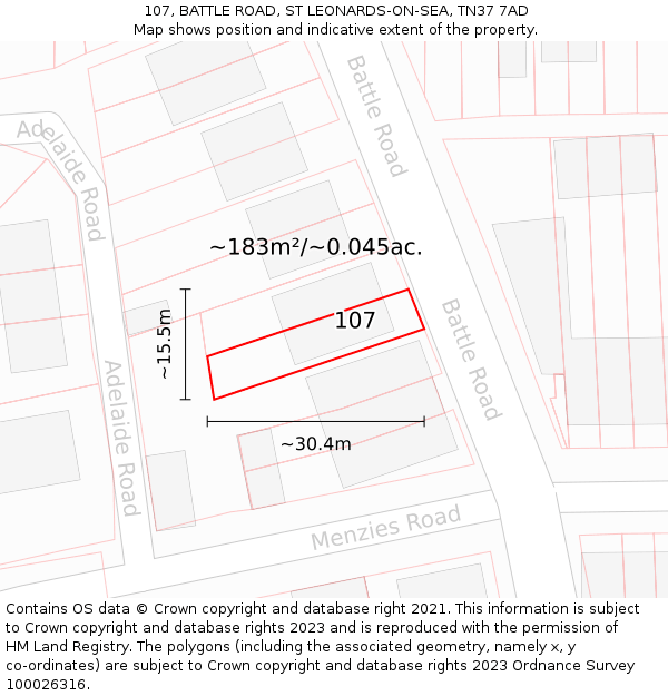 107, BATTLE ROAD, ST LEONARDS-ON-SEA, TN37 7AD: Plot and title map