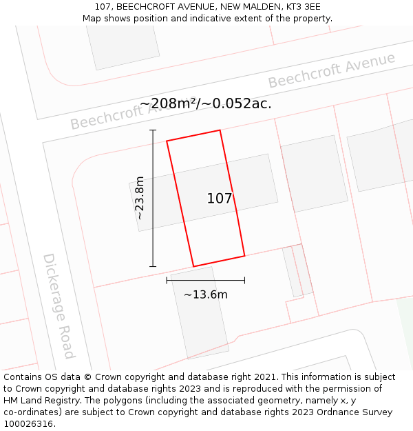 107, BEECHCROFT AVENUE, NEW MALDEN, KT3 3EE: Plot and title map