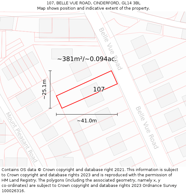 107, BELLE VUE ROAD, CINDERFORD, GL14 3BL: Plot and title map