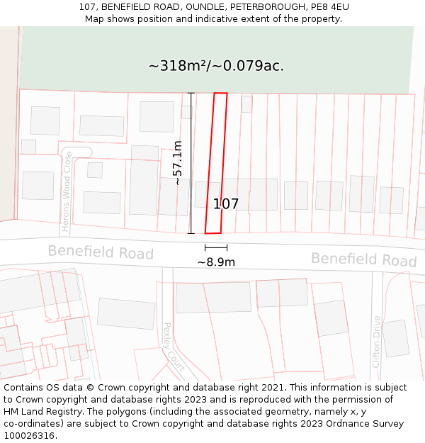 107, BENEFIELD ROAD, OUNDLE, PETERBOROUGH, PE8 4EU: Plot and title map