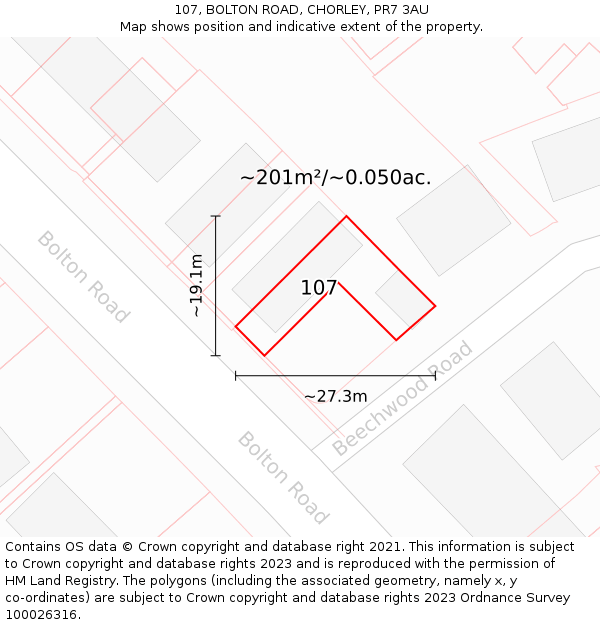 107, BOLTON ROAD, CHORLEY, PR7 3AU: Plot and title map