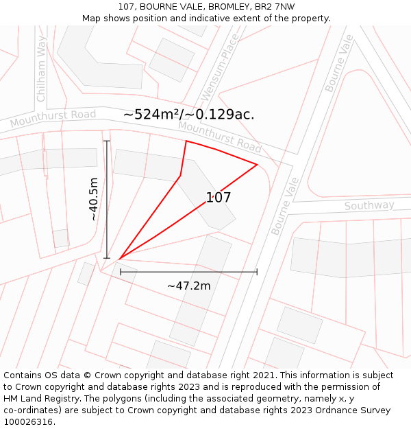 107, BOURNE VALE, BROMLEY, BR2 7NW: Plot and title map