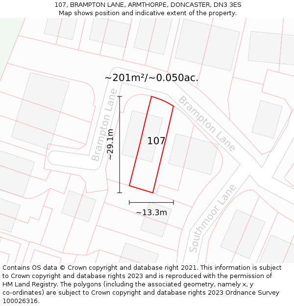 107, BRAMPTON LANE, ARMTHORPE, DONCASTER, DN3 3ES: Plot and title map