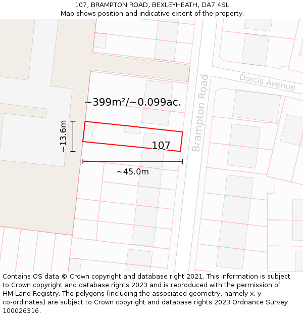 107, BRAMPTON ROAD, BEXLEYHEATH, DA7 4SL: Plot and title map