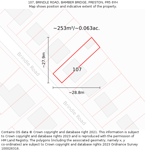 107, BRINDLE ROAD, BAMBER BRIDGE, PRESTON, PR5 6YH: Plot and title map