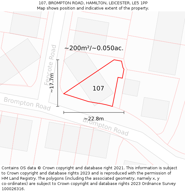 107, BROMPTON ROAD, HAMILTON, LEICESTER, LE5 1PP: Plot and title map