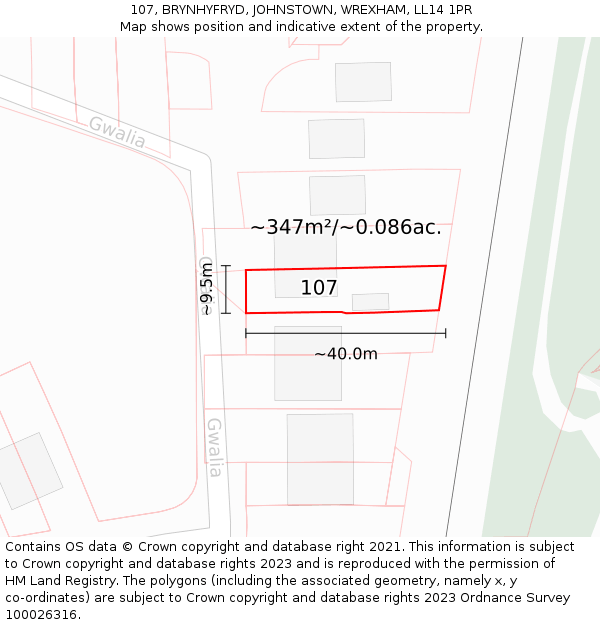 107, BRYNHYFRYD, JOHNSTOWN, WREXHAM, LL14 1PR: Plot and title map