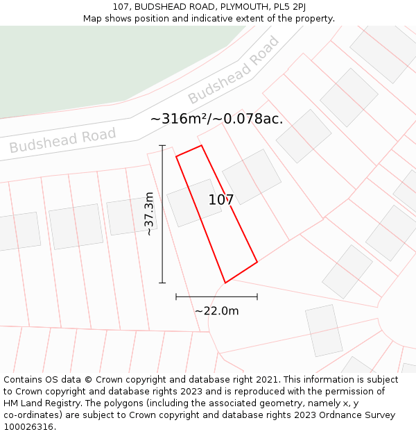107, BUDSHEAD ROAD, PLYMOUTH, PL5 2PJ: Plot and title map