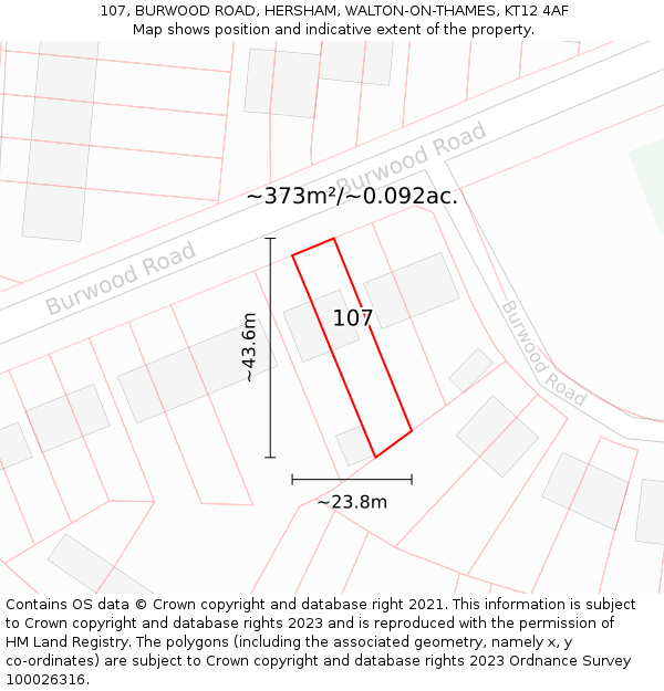 107, BURWOOD ROAD, HERSHAM, WALTON-ON-THAMES, KT12 4AF: Plot and title map