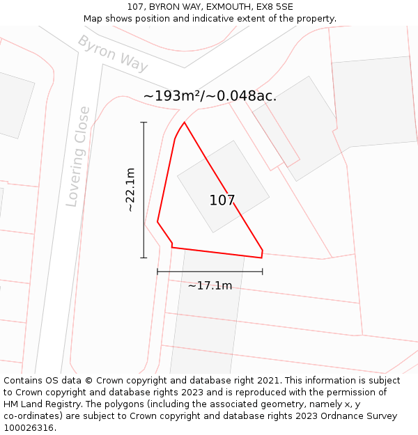 107, BYRON WAY, EXMOUTH, EX8 5SE: Plot and title map